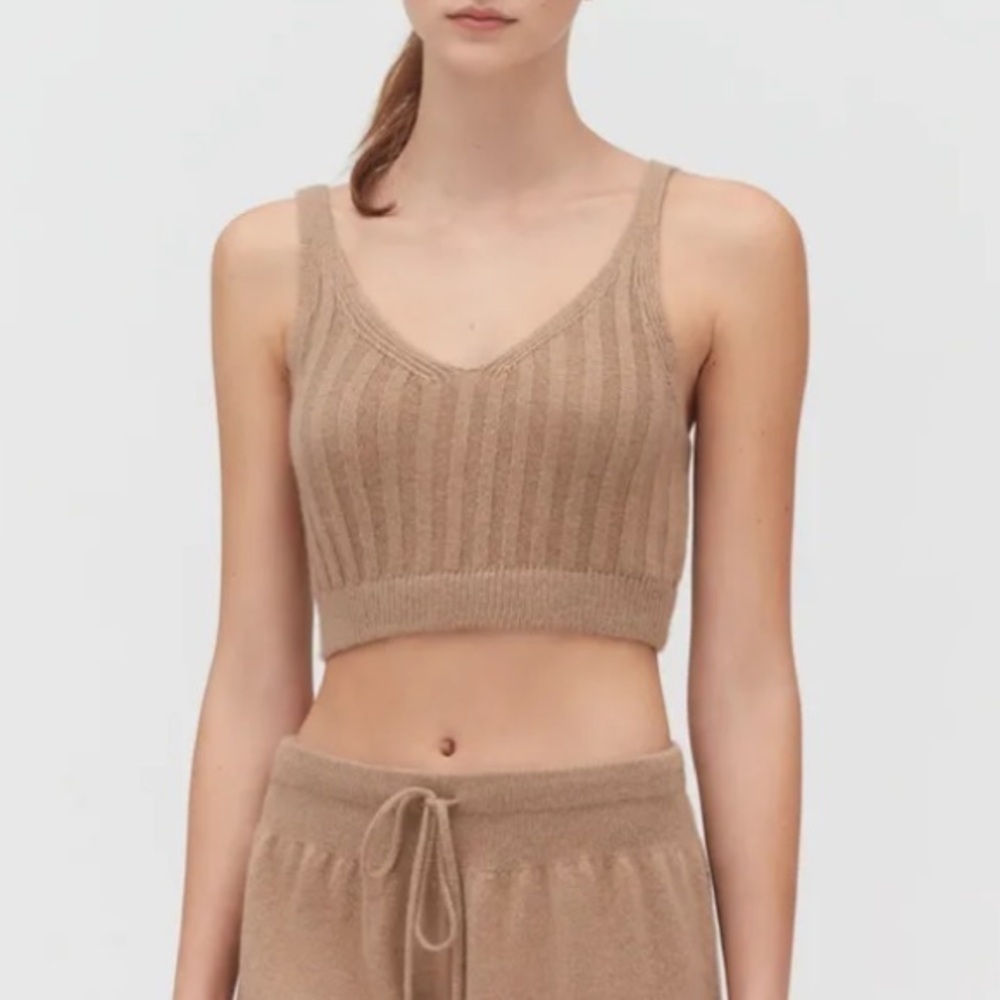 Cuyana Single-Origin Cashmere Bra Bralette Cropped Top Ribbed Camel Small
